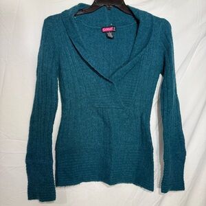 Y2K Say What? Teal V-Neck Sweater, Size Medium